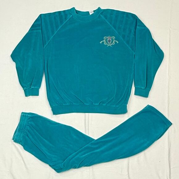 American Sportif Pants - VTG Velour Tracksuit Set Teal Green Crown Fleur De Lis Embroidery Loungewear Med
